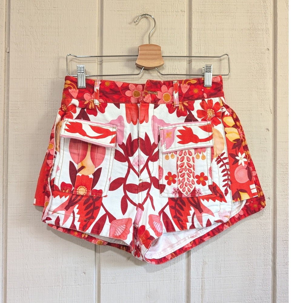 Farm Rio Red Pink Tropical Floral  Cargo Denim Shorts Flawed